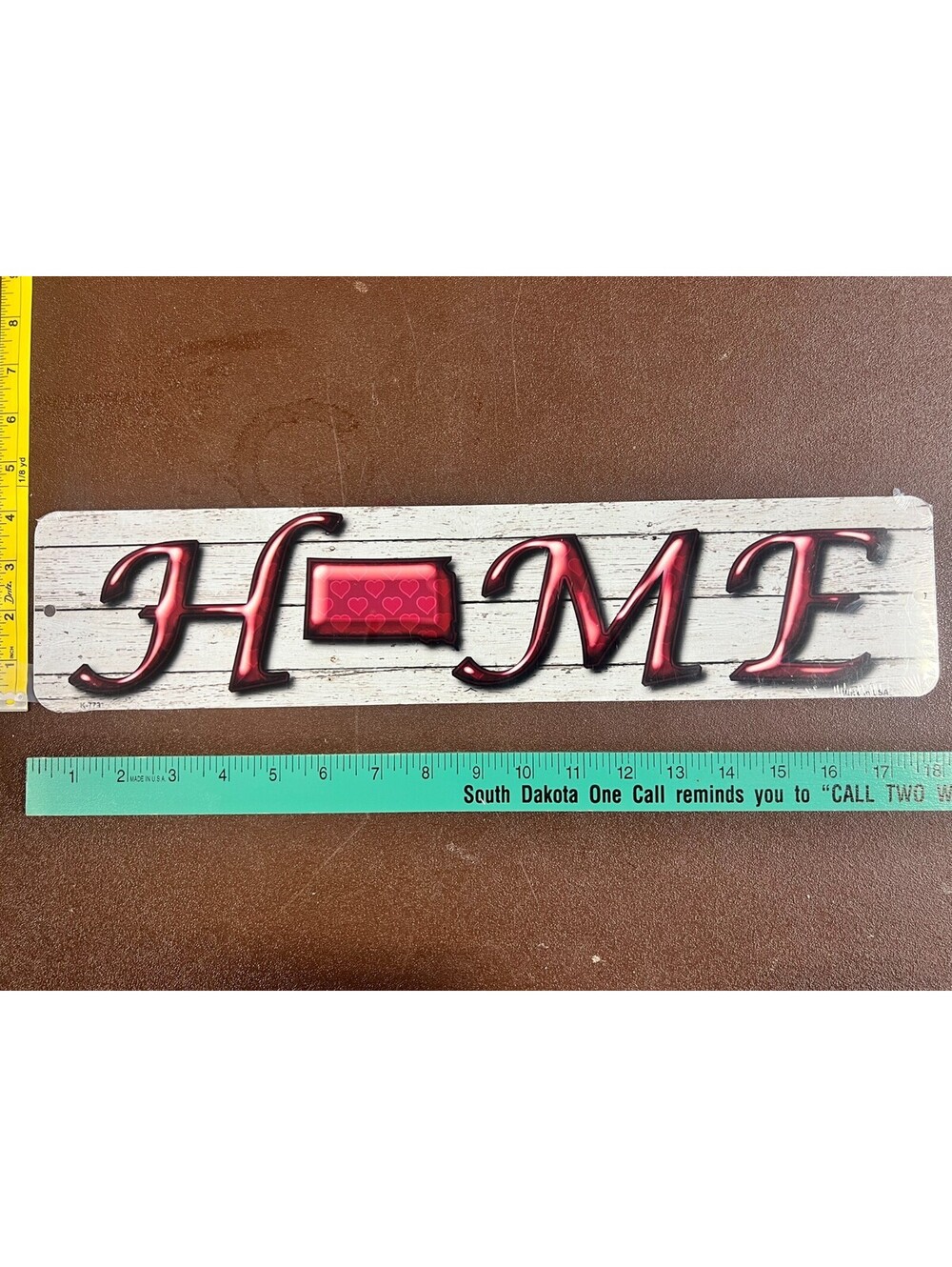 South Dakota HOME Aluminum Sign 4x18 State Pride Hearts Rustic Wall Decor